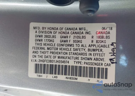 2018 Honda Civic Ex-T z USA, uszkodzony, nr VIN 2HGFC3B31JH354974